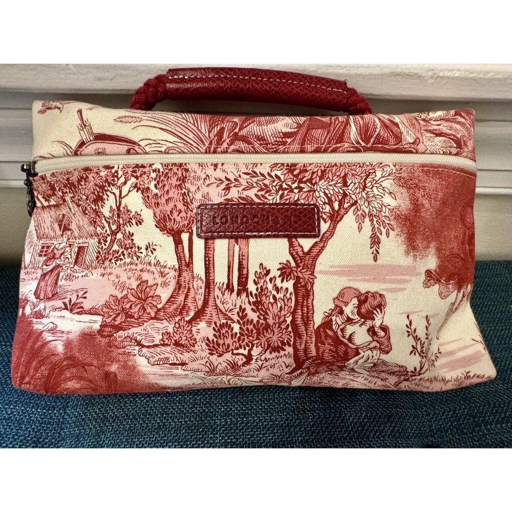 Longchamp Unique Toile de Jouy Clutch Pouch Red and White Made In France
